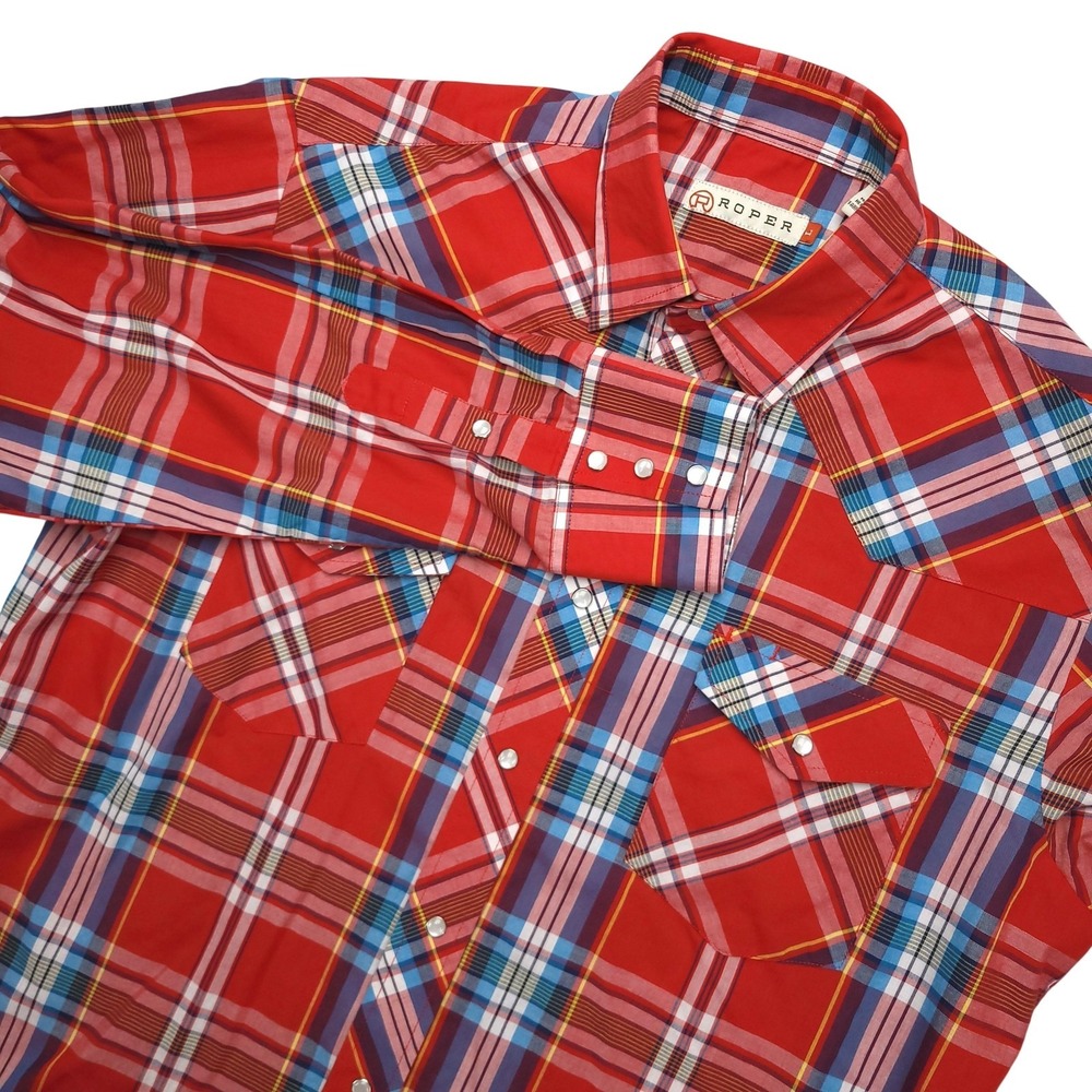 Roper Western Shirt Mens Large Red Plaid Pearl Snap Long Sleeve Cowboy